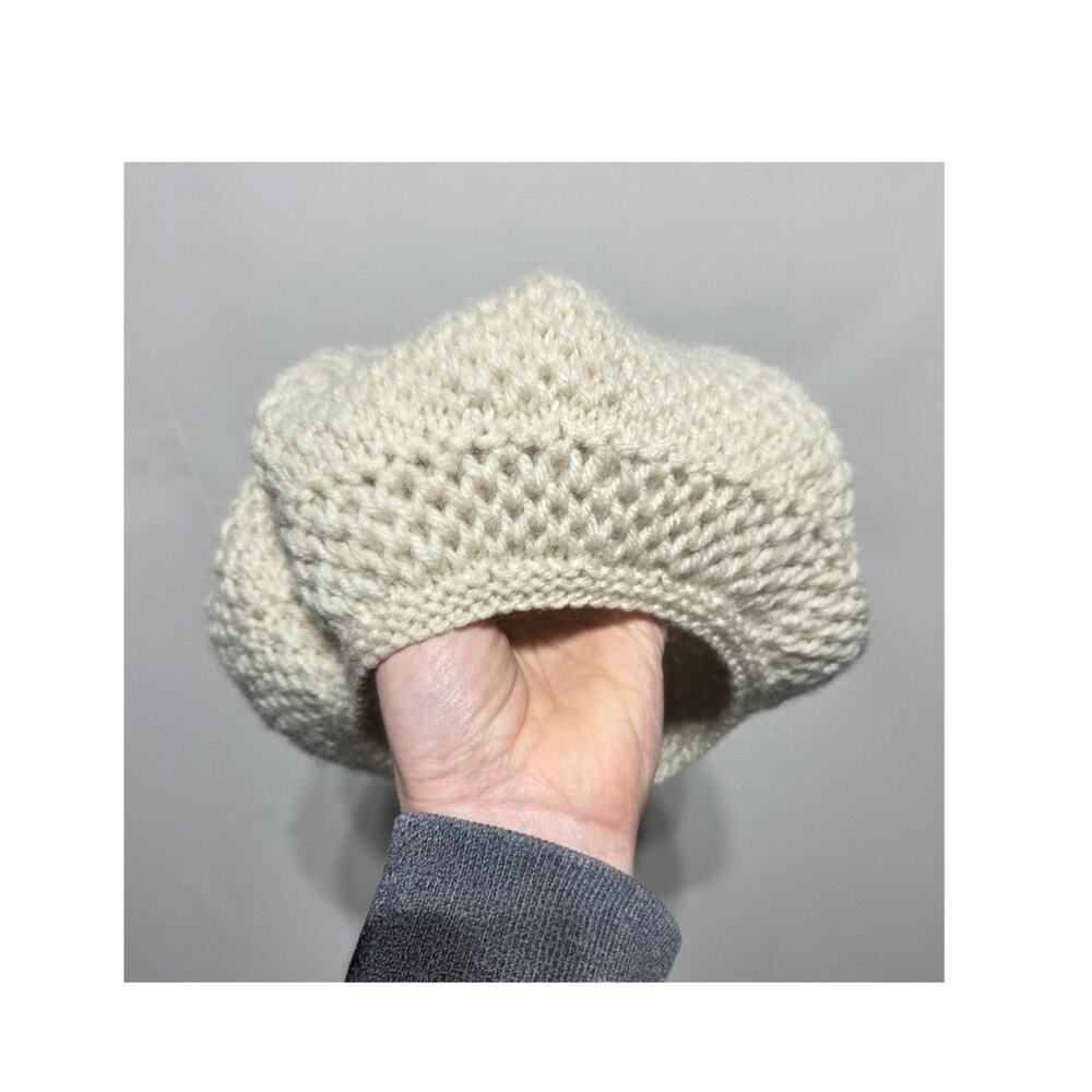 Hand Knit Crocheted Cream Baret Style Woman's Hat